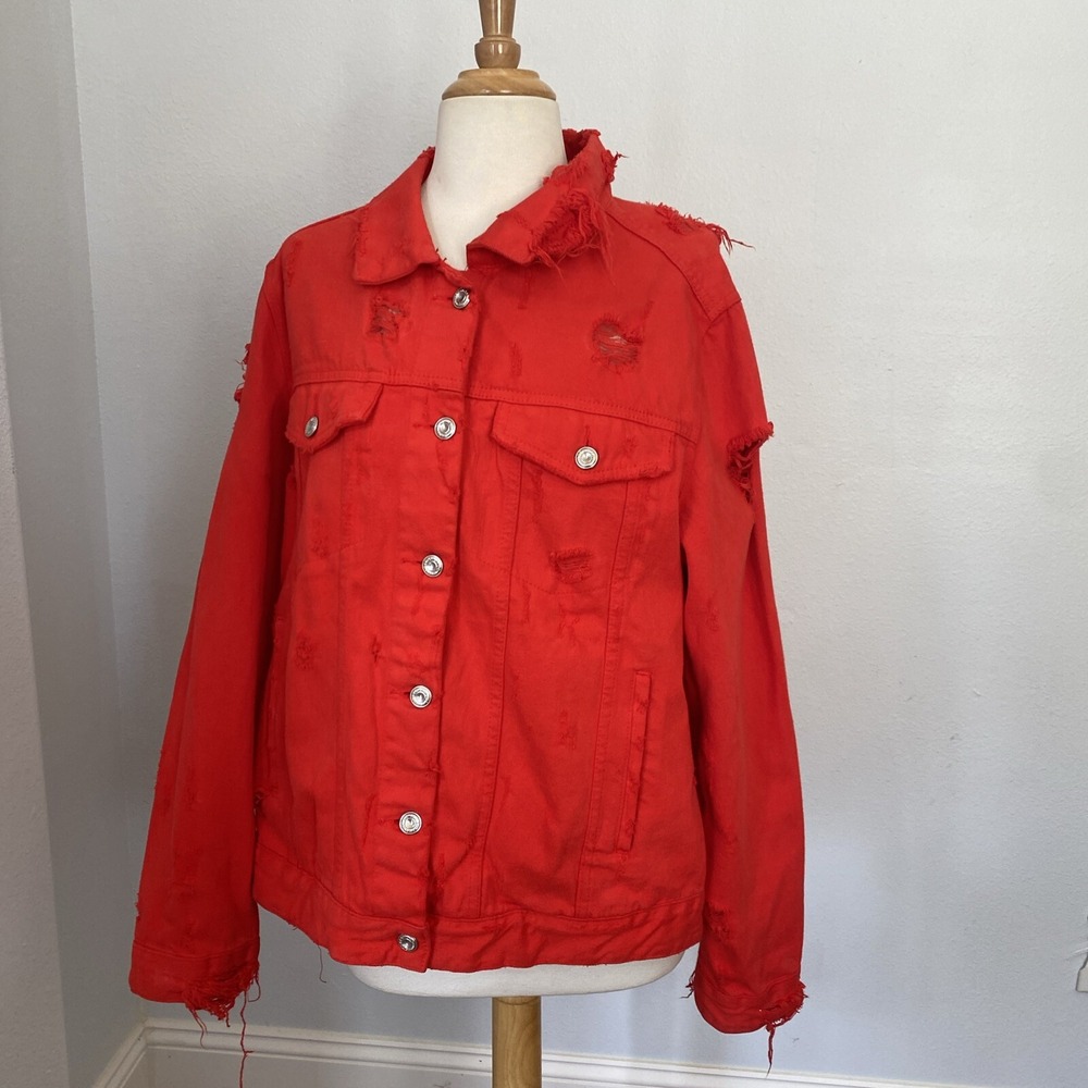 ZARA Trafaluc Denim Jacket Womens‎ S Red Oversize Distressed Trashed Y2K Grunge